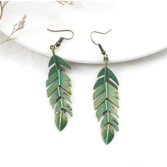 Floating Feathers Earrings Handmade Boho Vintage Green Bronze Lightweight Statem - Picture 6 of 6